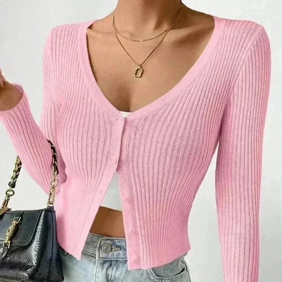 Pink Casual Women's Slim Solid Color Rib Knit Cardigan - Picture 1 of 7